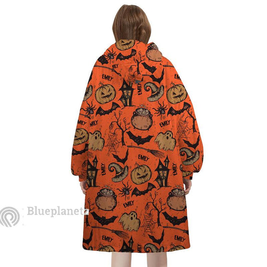 Personalized Wearable Hoodies Blanket, Custom Name Halloween Icons Hoodie Blanket, Custom Ghost Bat Pumpkin Oversized Blanket, Gift
