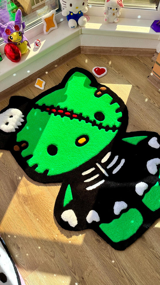 Green Halloween Dino Tufted Rug – Spooky Cute Carpet, Handmade Puffy Floor Mat, Kawaii Decor for Kids Room, 3D Custom Rug Gift