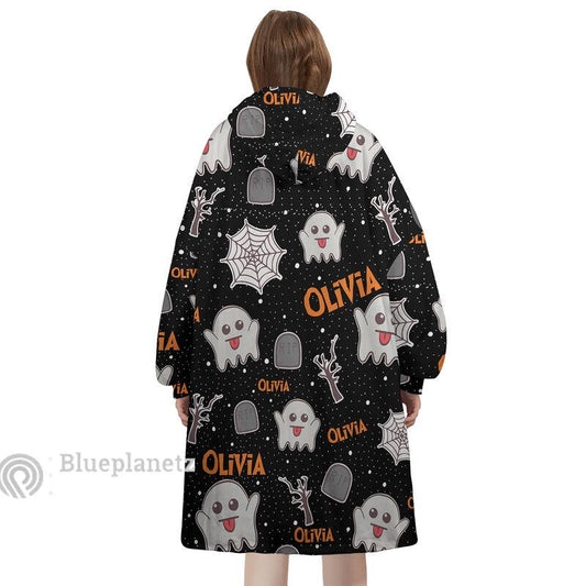 Custom Name Halloween Hoodies Blanket, Personalized Wearable Hoodie Blanket, Custom Ghost Spider Oversized Blanket