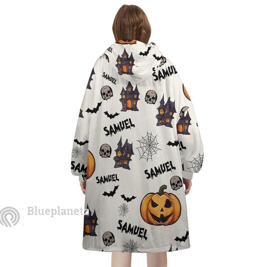 Custom Name Halloween Hoodies Blanket, Personalized Wearable Hoodie Blanket, Custom Pumpkin Haunted House Skull Oversized Blanket