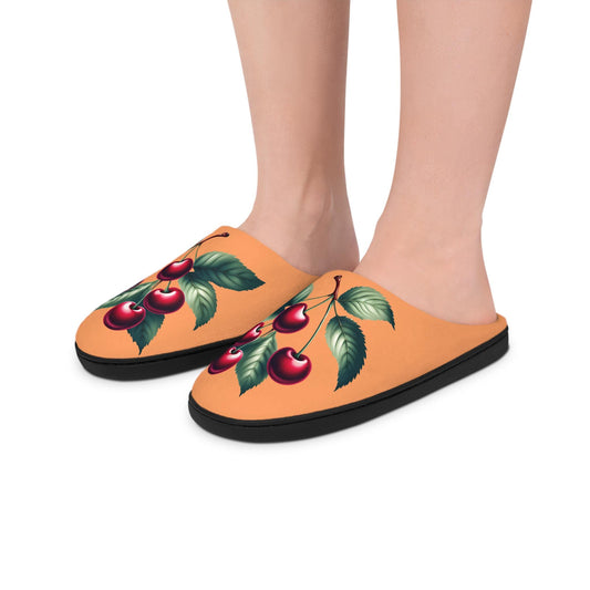 Women'sSlippers Cherry-Designed Cozy Houseslippers Orangebackground IndoorSlippers Fruit Cherry Slippers Cherry Lovers Gift Fruit Slippers
