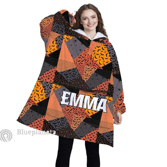 Custom Name Halloween Hoodies Blanket, Personalized Wearable Hoodie Blanket, Custom Halloween Pattern Oversized Blanket