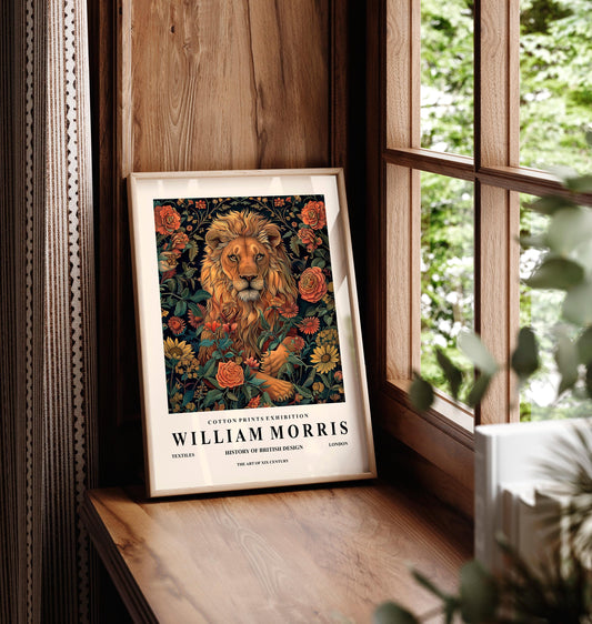 William Morris print, Floral lion poster, Dark botanical wall art, Vintage home decor