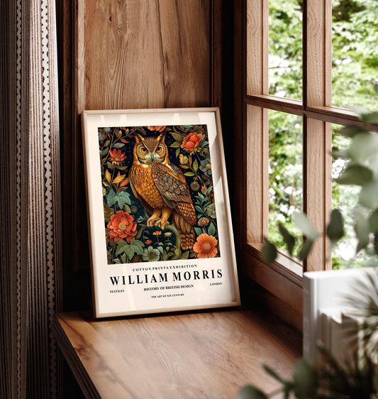 Dark Cottagecore decor, Great Horned Owl painting, William Morris print, Botanical wall art, Bird art print