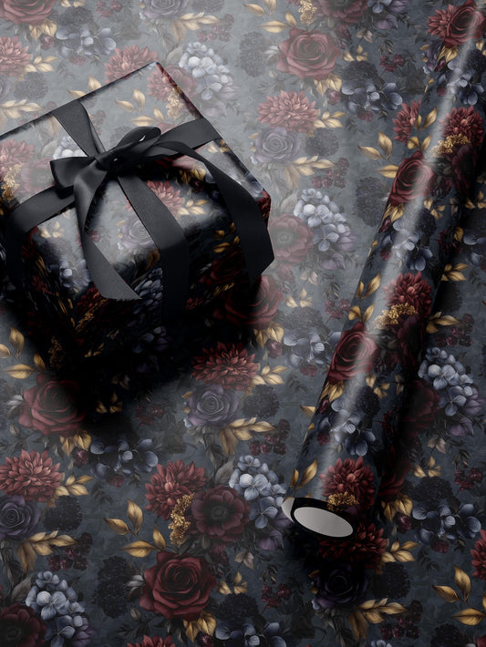 Moody Flower Wrapping Paper Dark Floral Gift Wrap Dark Academia Decor Gothic Gift Wrap Winter Flower Print Drawer Liner Paper Gift for Mom
