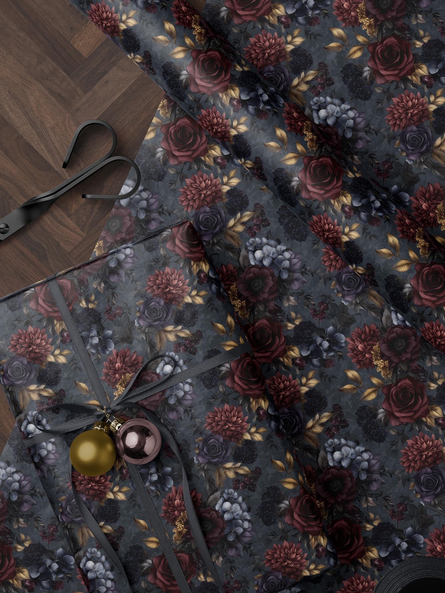 Moody Flower Wrapping Paper Dark Floral Gift Wrap Dark Academia Decor Gothic Gift Wrap Winter Flower Print Drawer Liner Paper Gift for Mom