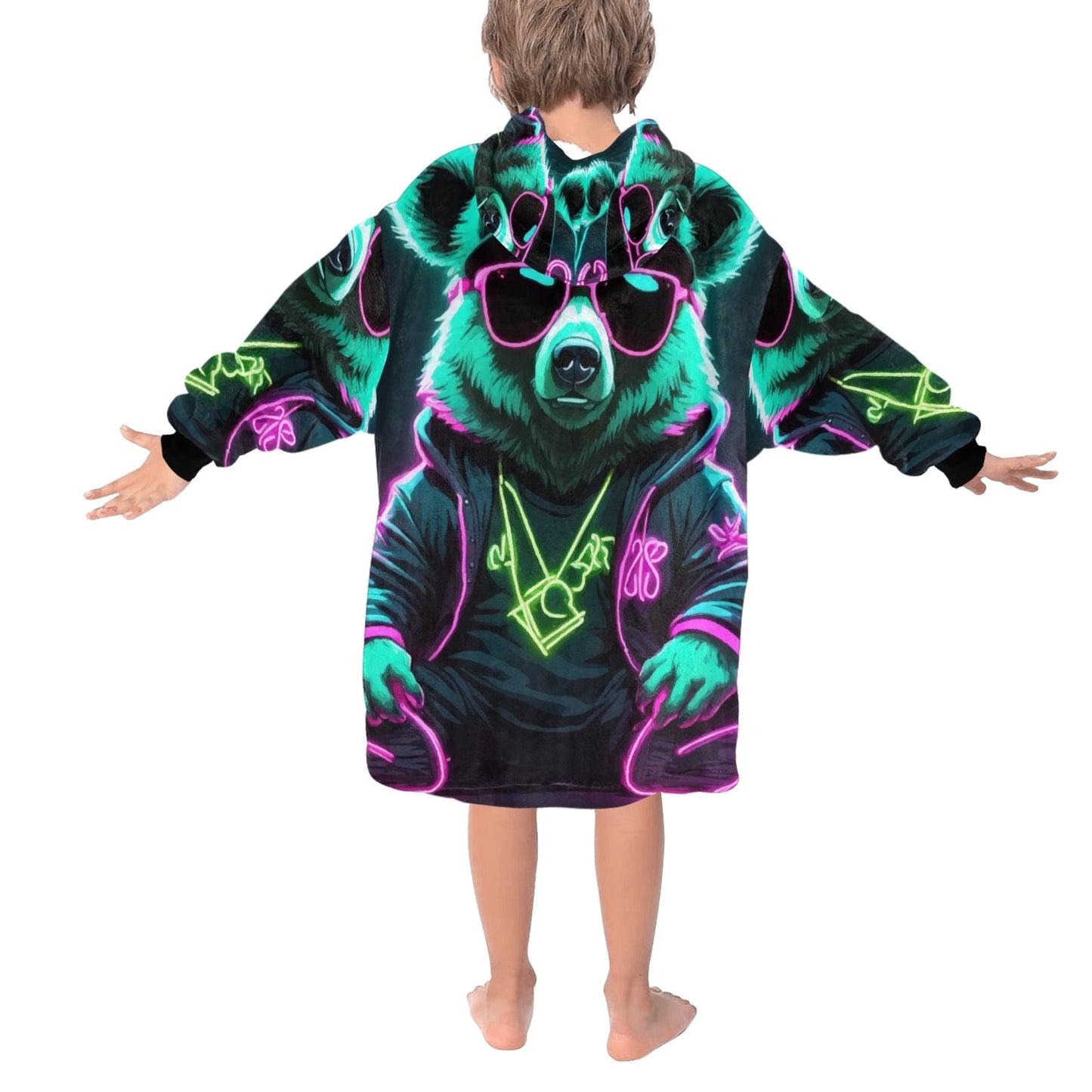 Kids Blanket Hoodie Gangsta Bear Gangster Neon Art
