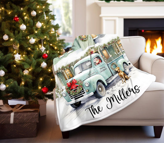 Christmas Truck and Farmhouse Personalized Blanket, Custom Family Name Christmas Blanket, Holiday Throw, Personalized Holiday Blanket