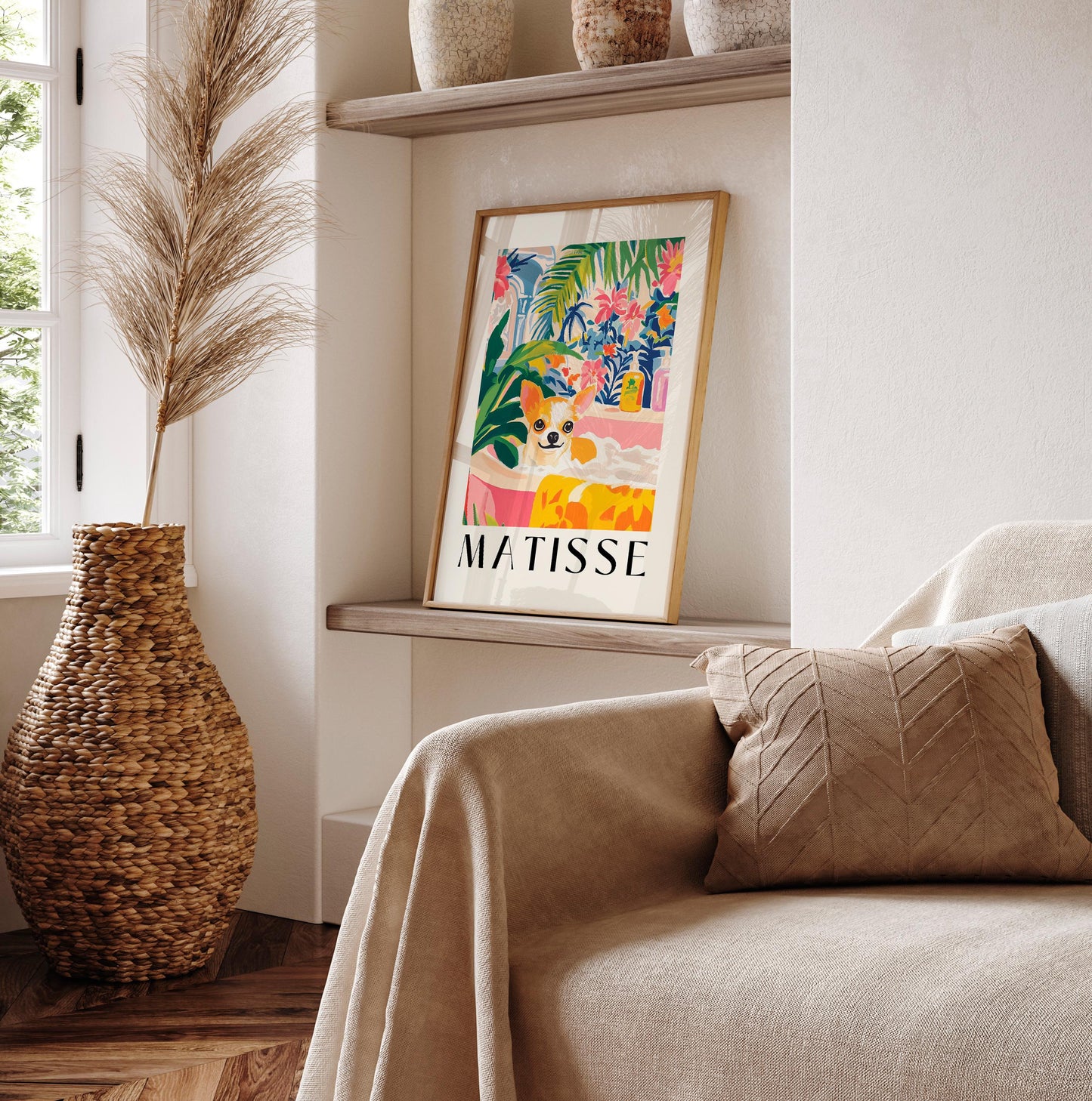 Chihuahua in Bathtub Art Print: Tropical Bathroom, Matisse Style