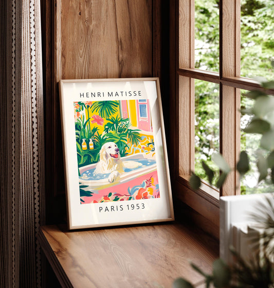 Great Pyrenees in bathtub, Matisse wall art, Funny bathroom poster for dog lovers, Pink dopamine decor, Dog art print