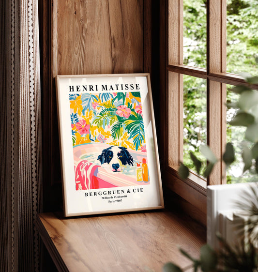 Border Collie Bathroom Art Print: Funny Dog in Tub, Pink Matisse Style