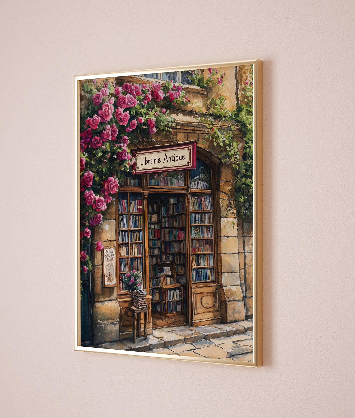 Bookstore Print, French Bookshop Art Print, Bookstore with Roses poster, Housewarming Gift, Bookstore print, Book lover gift, Bookish gift