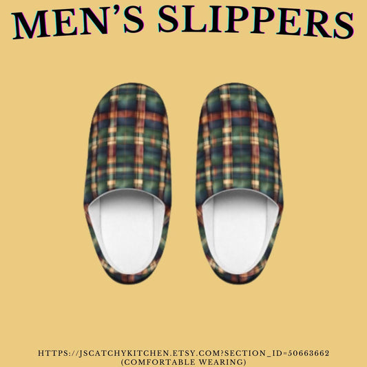 Men's IndoorSlippers Tartan Plaid Mensslippers Anti-Skid Rubber Sole IndoorSlippers Forest Green Cozy Houseshoes GoldenBrown Men'sgift
