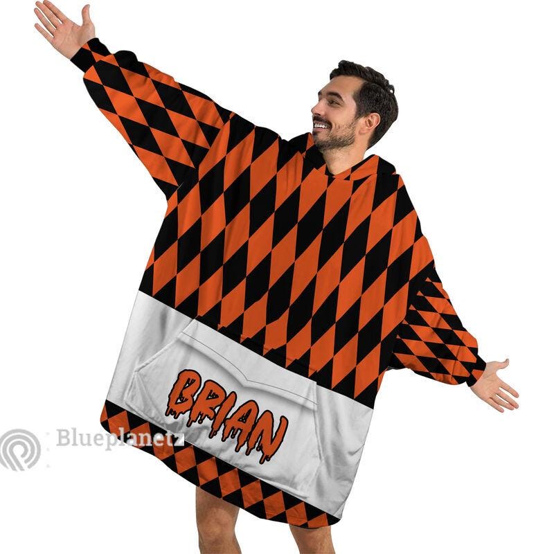 Personalized Wearable Hoodies Blanket, Custom Name Halloween Pattern Hoodie Blanket, Custom Happy Halloween Orange Oversized Blanket, Gift