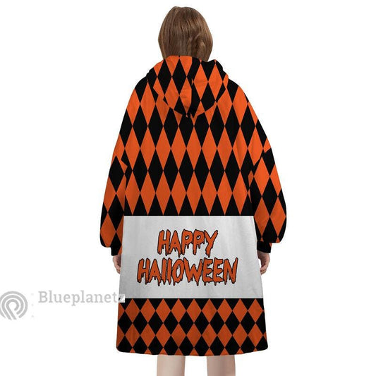 Personalized Wearable Hoodies Blanket, Custom Name Halloween Pattern Hoodie Blanket, Custom Happy Halloween Orange Oversized Blanket, Gift