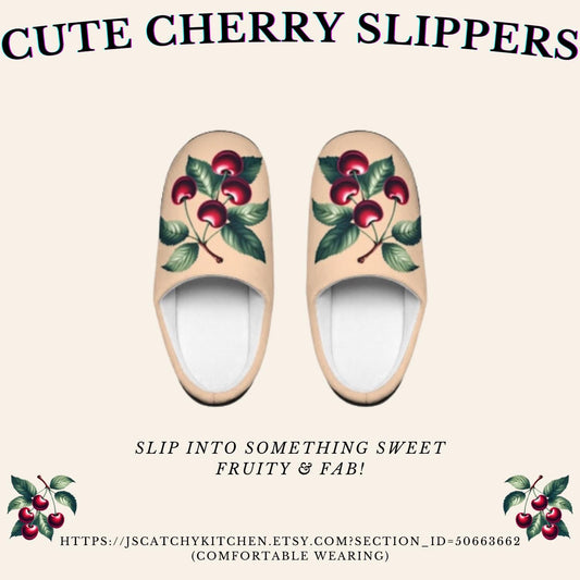 Peachy-Colored Women's Slippers with Dark Red Cherry Toile Design | Soft Fleece, Anti-Skid Black Rubber Soles | Cozy and Stylish HouseShoes