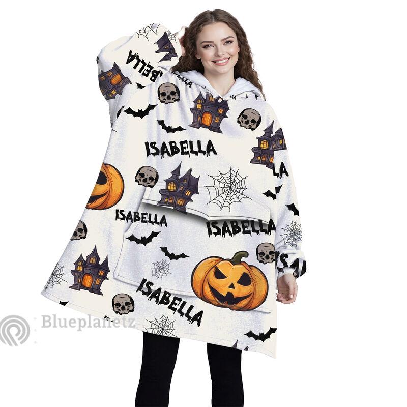 Custom Name Halloween Hoodies Blanket, Personalized Wearable Hoodie Blanket, Custom Pumpkin Haunted House Skull Oversized Blanket