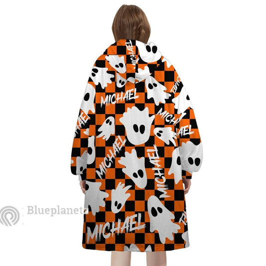 Custom Name Halloween Hoodies Blanket, Personalized Wearable Hoodie Blanket, Custom Ghost Oversized Blanket