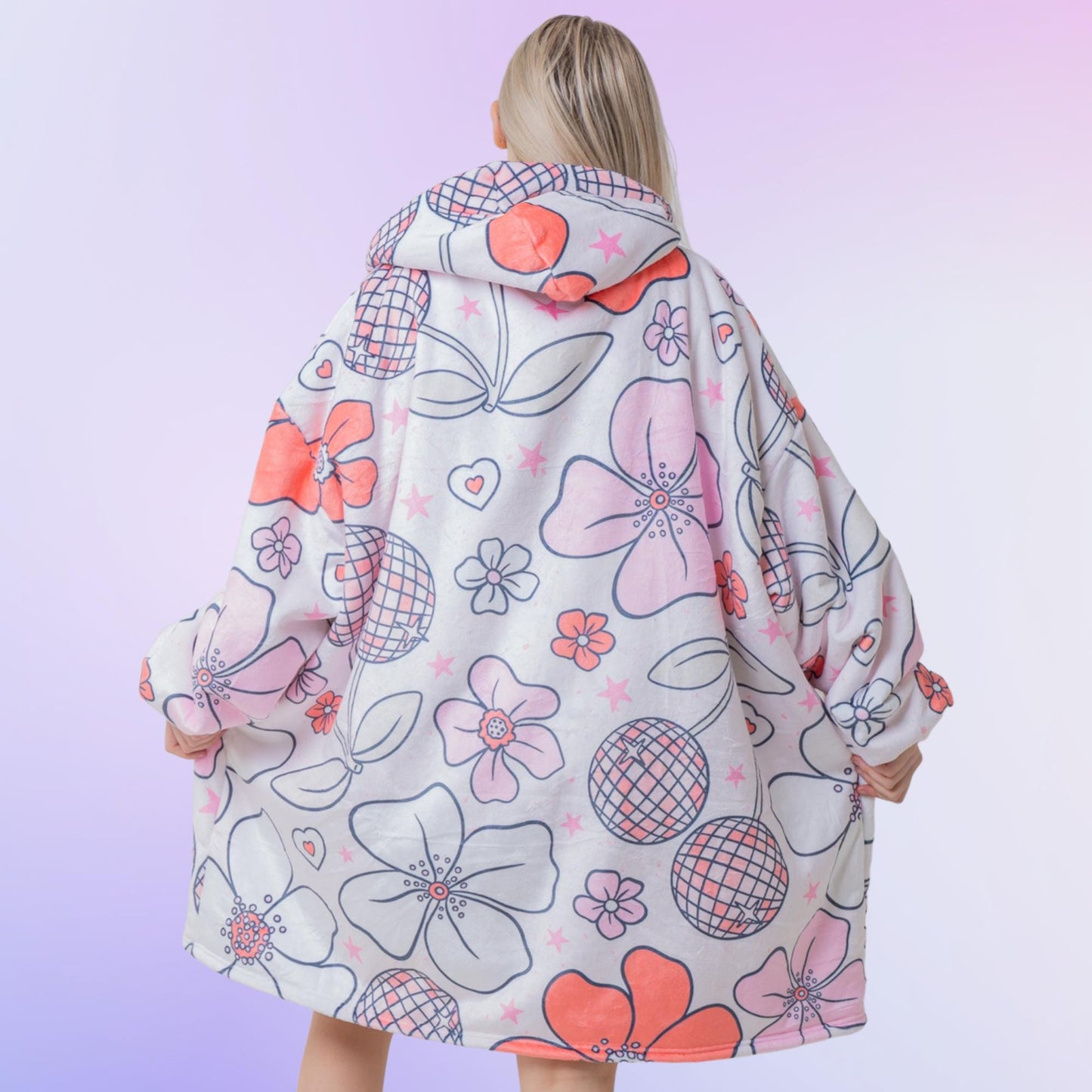 Cherry Flowers Retro Hoodie Blanket Oversized Thick Sherpa Hoodie Snugclub One Size