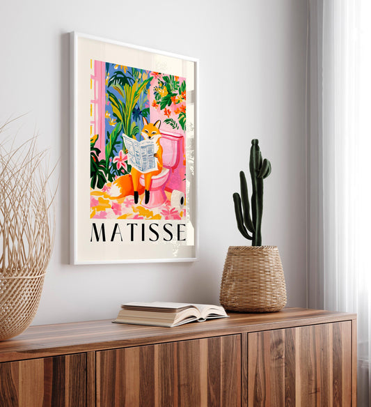 Funny Fox on Toilet Bathroom Print: Matisse Style Animal Wall Art
