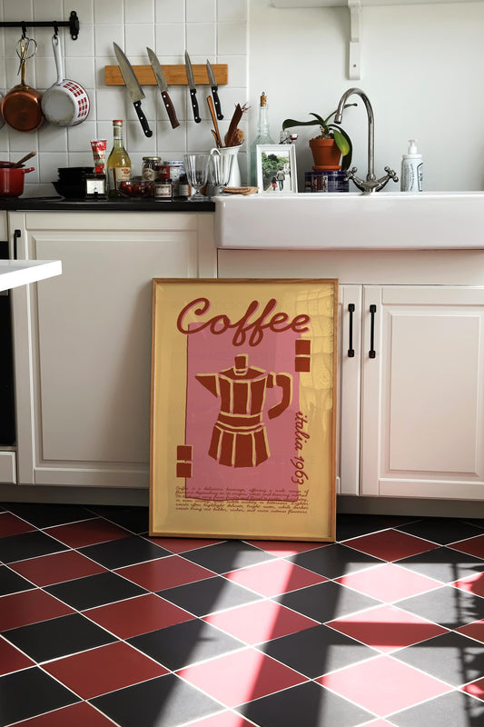 Coffee Poster, Kitchen Art, Kitchen Poster, Kitchen Print, Moka Pot, Modern Kitchen Decor, Retro Poster, Exhibition Poster, Pink Wall Art
