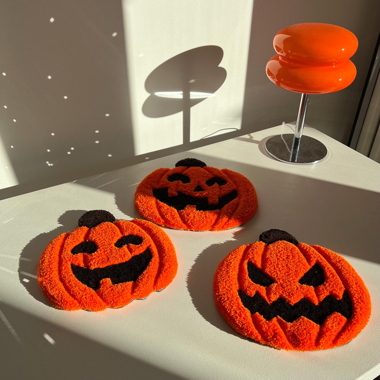 Halloween Pumpkin Coasters: Tufted Mini Rugs, Spooky Decor