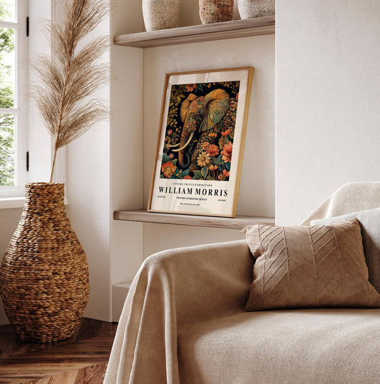 Elephant wall art, William Morris print, Dark botanical decor, Floral poster, Vintage home decor