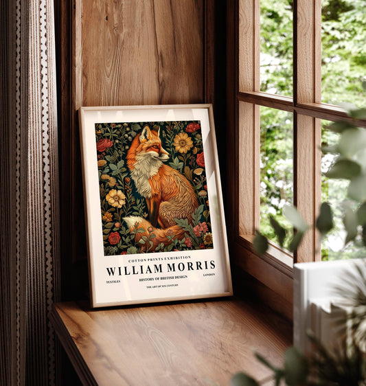 William Morris fox decor, Botanical print, Dark Cottagecore decor, Mid century exhibition poster