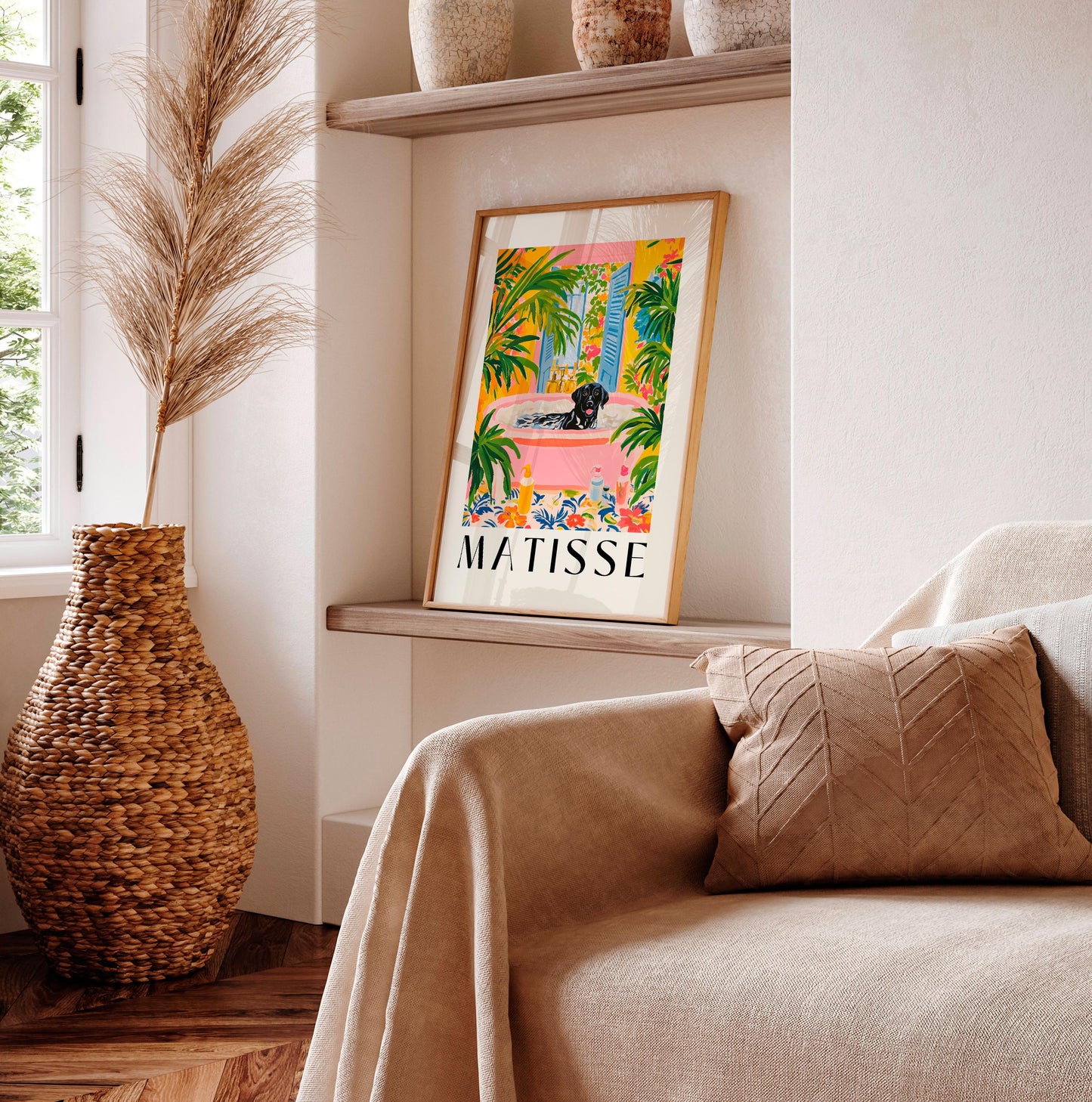 Black Labrador Matisse Print: Funny Tropical Bathroom Poster