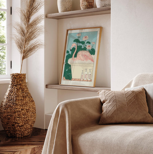 Japanese Flamingo Art Print: Ukiyo-e Bathroom Decor