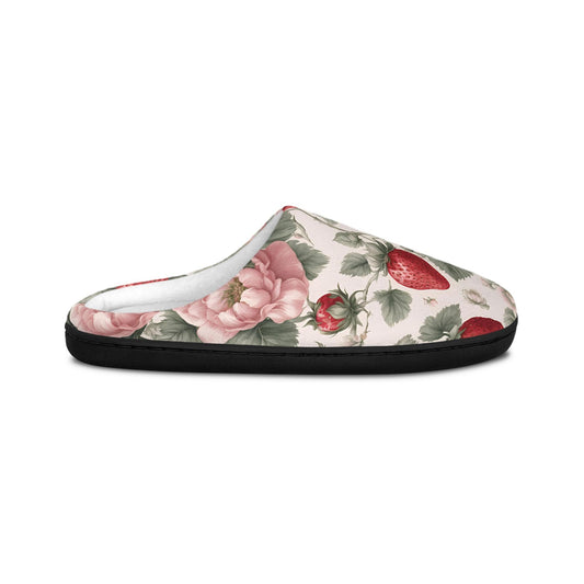 WomenSlippers French Toile Women's Indoor HouseShoes RedStrawberry Pink and WhiteFlowers Design Comfy Slip On's Fruit FloralPattern