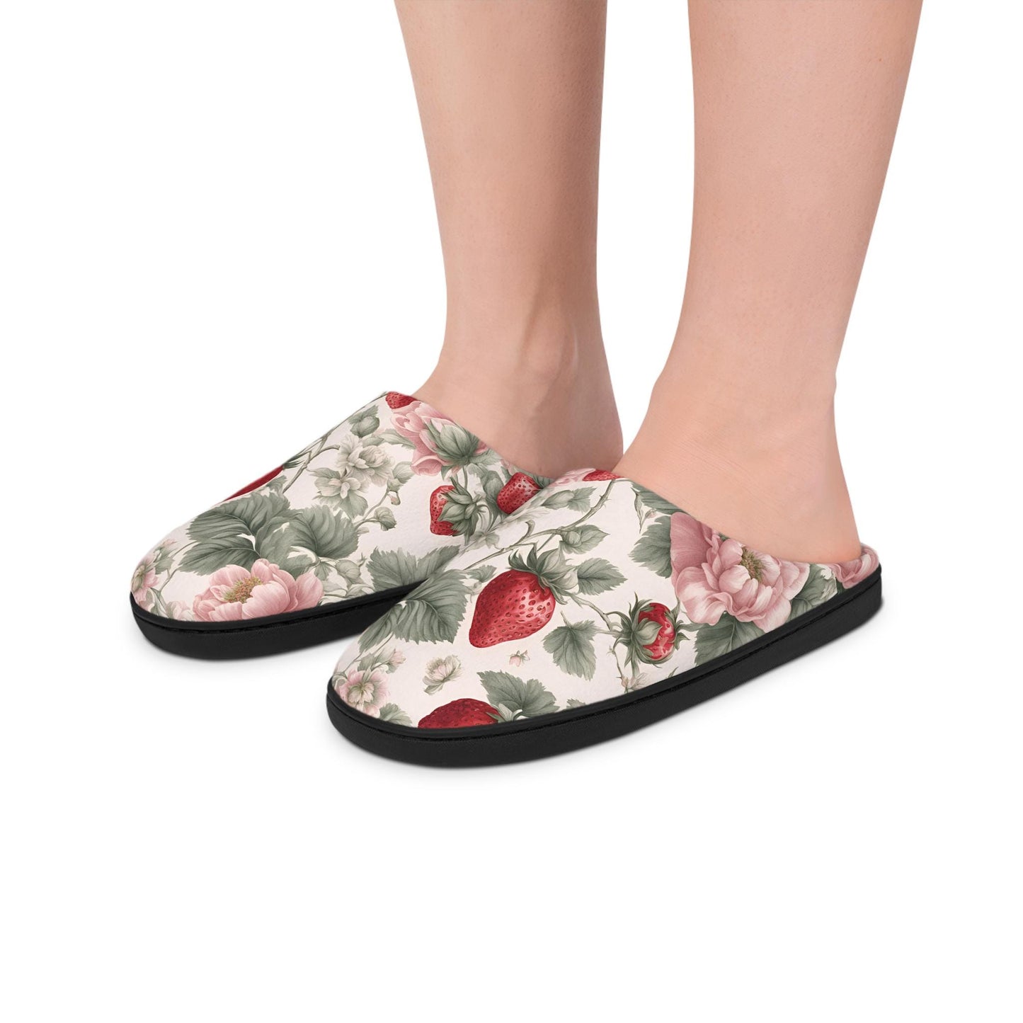 WomenSlippers French Toile Women's Indoor HouseShoes RedStrawberry Pink and WhiteFlowers Design Comfy Slip On's Fruit FloralPattern