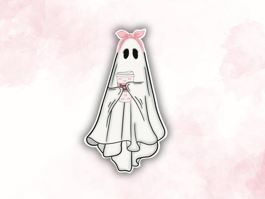 Cute Ghost Coffee Sticker | Ghost with Coffee | Ghost Vinyl Sticker | Ghost Decals | Girly Stickers | Halloween Stickers | Coquette Ghost