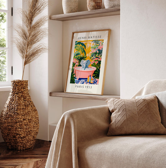 Elephant in Bathtub Art Print: Tropical Matisse Style Bathroom Decor