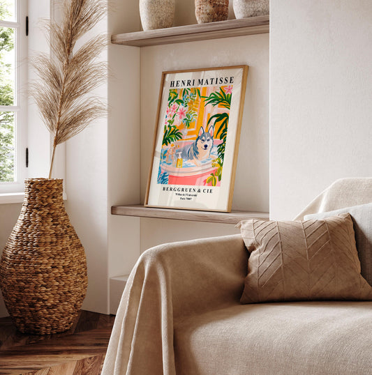 Husky in Bathtub Art Print: Matisse Style Dog Poster for Bathroom