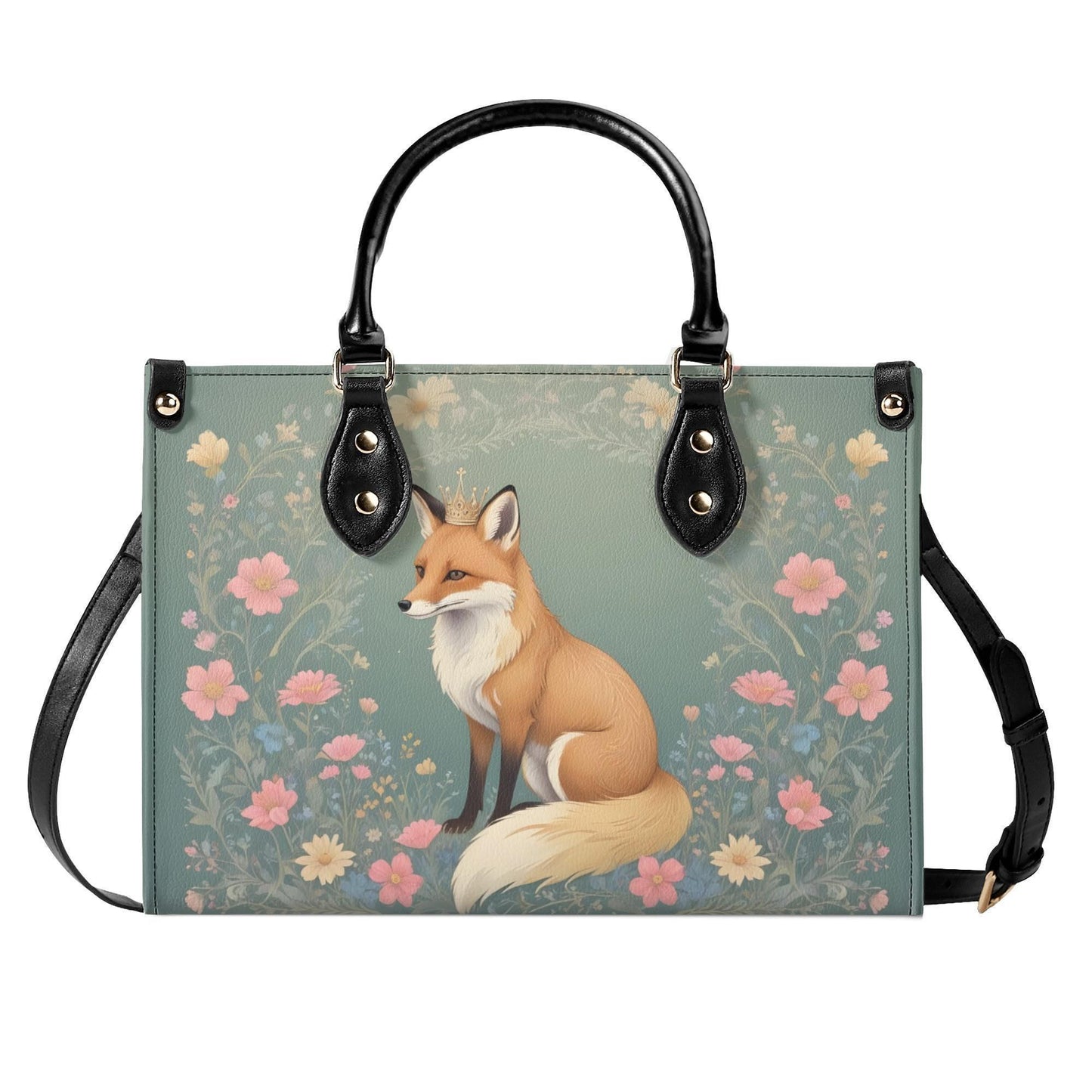 Curious Fox with Wildflowers Crossbody Bag - Vegan Leather Purse, Unique Nature-Inspired Gift for Women