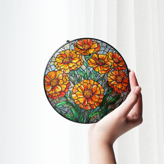 Marigold Flower GLASS Suncatcher, Birth Month Flower glass, Marigold Suncatcher ornament, Marigold glass, Grandma gift, Housewarming gift