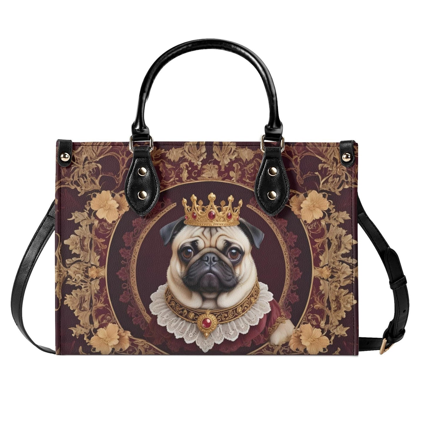 Royal Pug Crossbody Bag with Crown and Ruffled Collar - Art Nouveau Dog Portrait Vegan Leather Purse