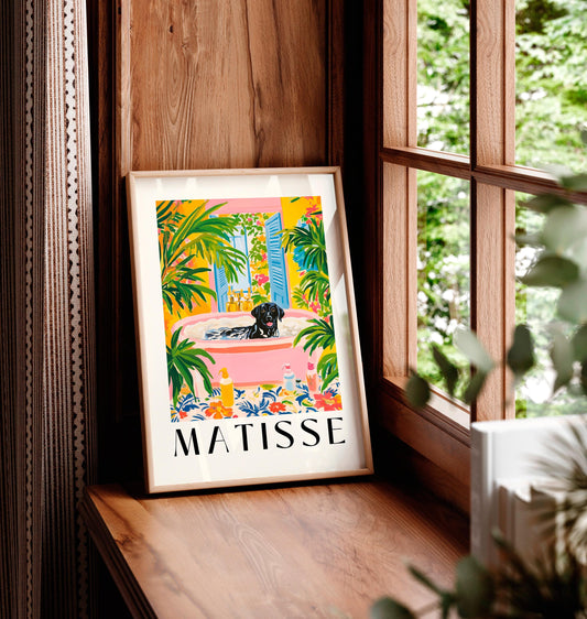 Black Labrador Matisse Print: Funny Tropical Bathroom Poster