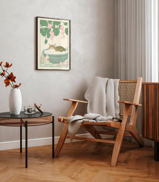 Tabby Cat in Bathtub Art Print: Japanese Bathroom Decor in Ukiyo-e Style