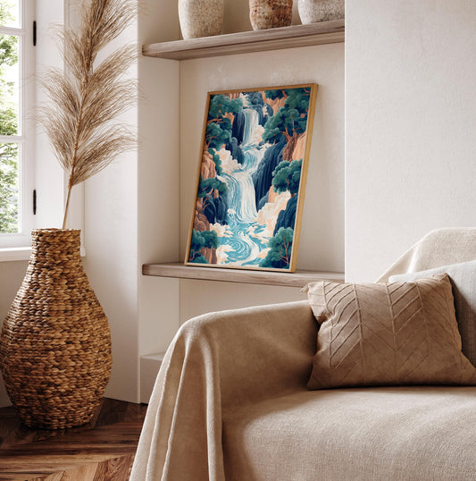 Hokusai Ukiyo-e Japanese waterfall wall art, Landscape poster, Blue green print, Japandi home decor