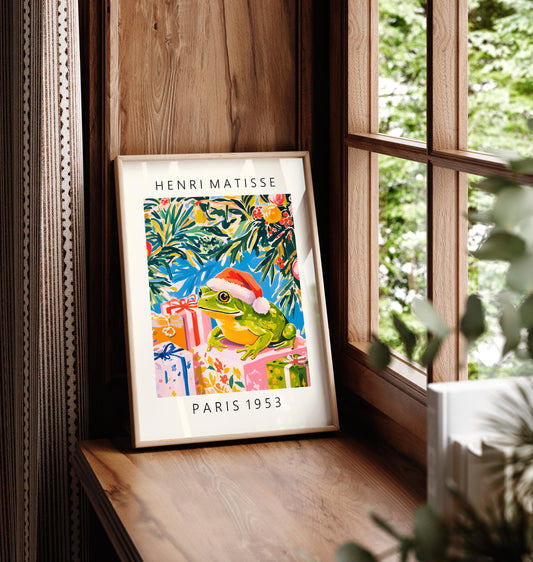 Frog in Santa Hat Art Print: Funny Matisse Style Christmas Decor