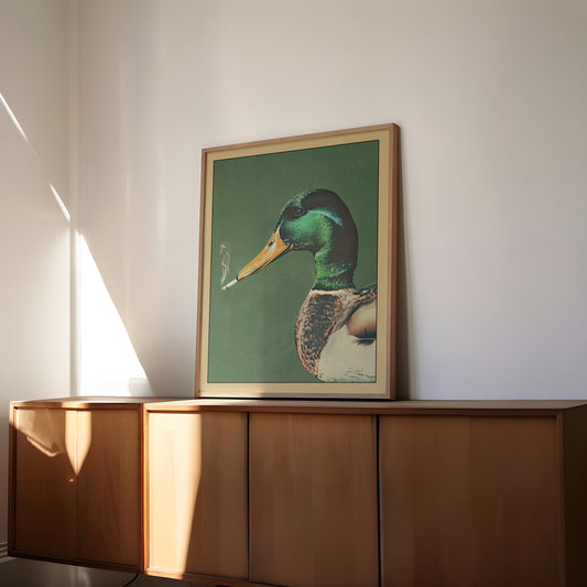 Mallard Smoking a Cigarette Vintage Poster Art Funny Duck Retro Whimsical Print Cabin Wall Decor Outdoor Sports Hunter Illustration