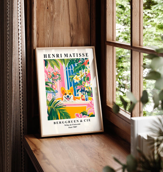 Matisse Corgi Art Print: Funny Dog in Bathtub, Tropical Bathroom Decor