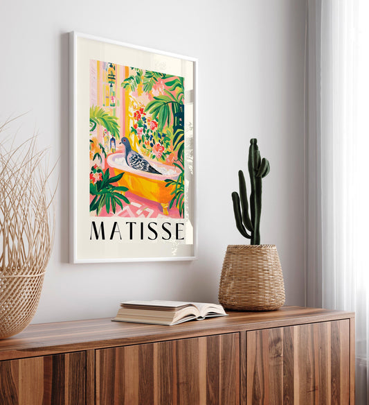 Pigeon in Bathtub Art Print: Funny Matisse Style Bathroom Wall Decor