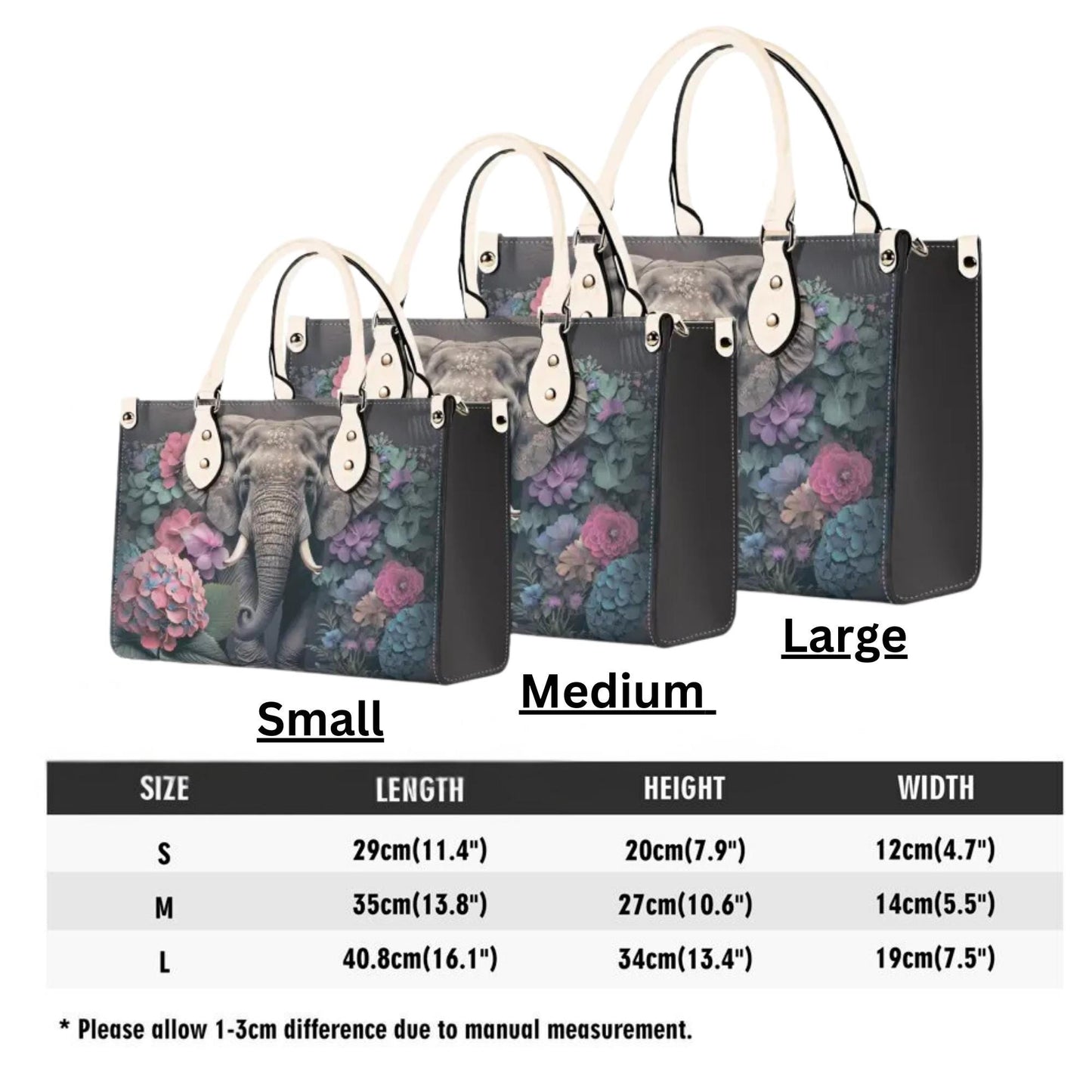 Elephants Garden Gala Handbag. Colorful Handbag, Waterproof PU Leather Tote, Top Handle Vegan Leather, Crossbody, Shoulder bag.