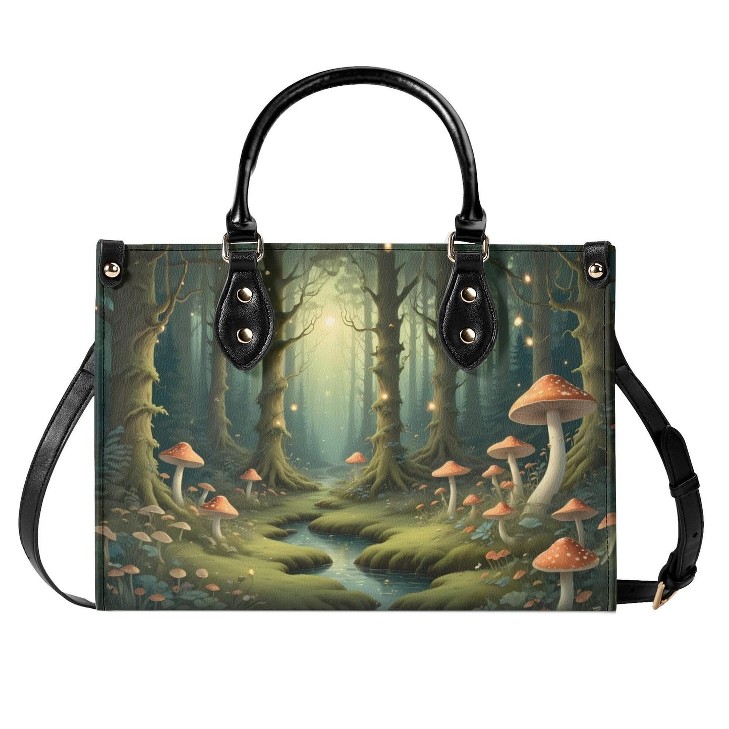 Sunlit Forest with Dappled Mushrooms Bag Cute Crossbody Bag Unique Purse Cute Purse, Luxury Bag Vegan Leather Bags Printed Designer Bag