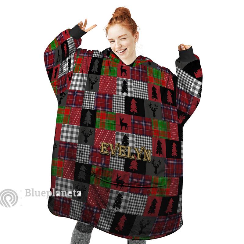 Custom Name Christmas Hoodies Blanket, Personalized Plaid Christmas Deer Wearable Hoodie Blanket, Custom Pattern Oversized Blanket