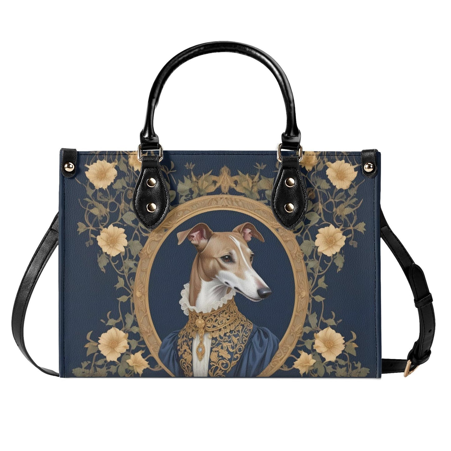 Elegant Greyhound Crossbody Bag in Golden Elizabethan Attire - Art Nouveau Vegan Leather Purse