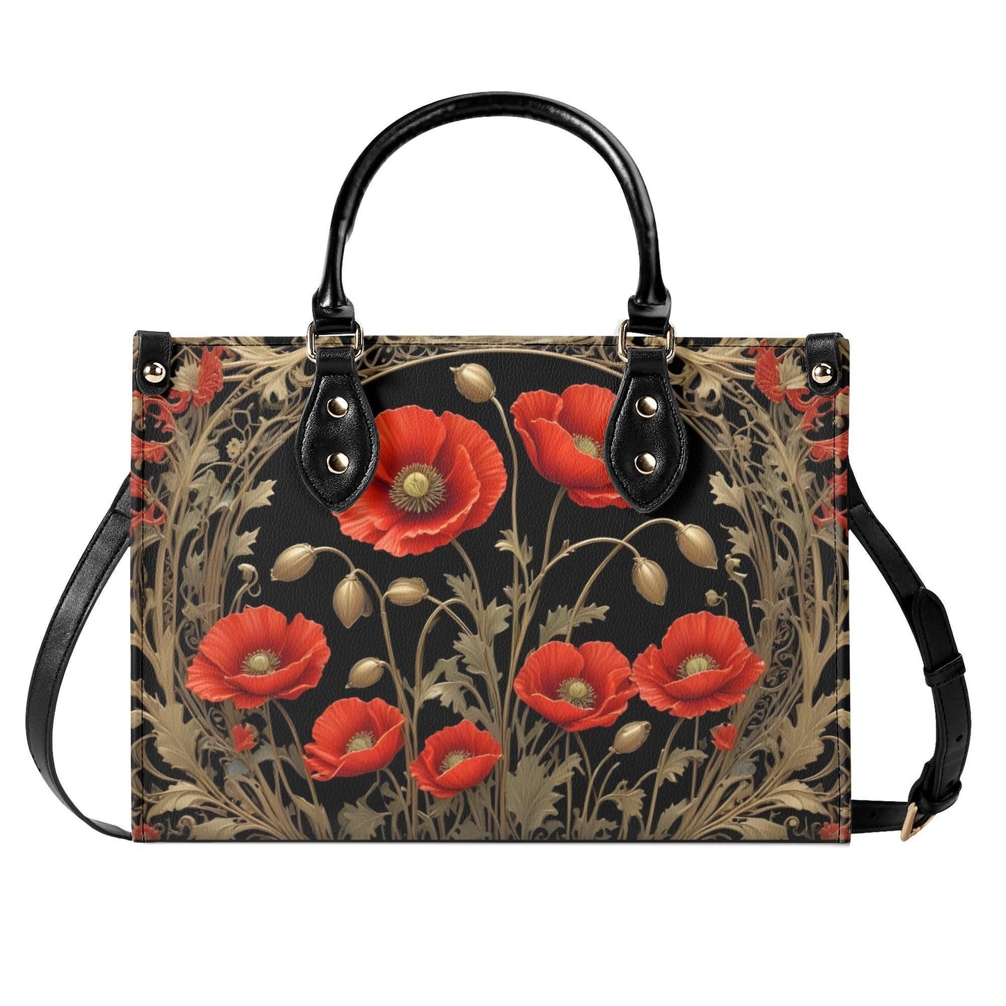 Golden Poppies Crossbody Bag - Floral Vegan Leather Designer Purse, Unique Gift for Women